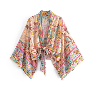 Peacock Floral Print, short  Kimono , beach Cover-ups