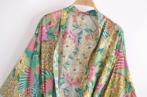 Green Peacock Floral Print ,bohemian kimono ,Boho robe Cover-ups
