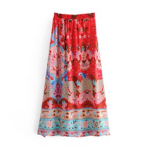 Red Floral Peacock Skirt, Maxi Skirt,Boho Skirt