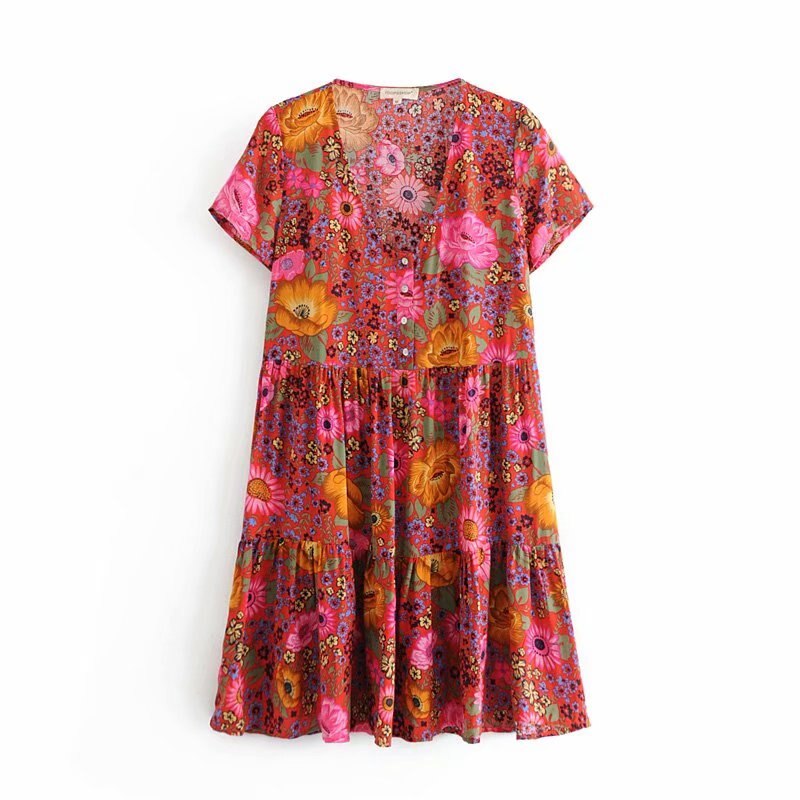Bohemian Mini Dress, Boho Sundress,Red Floral Print