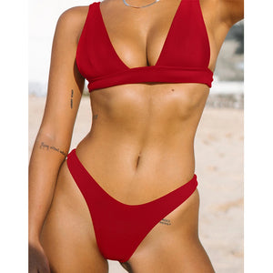 Solid High Waist， Bikini Swimsuit ， Swim Beachwear