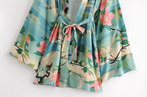 Boho Robe,Short Kimono ,Crane Floral Print