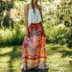 Red Floral Peacock Skirt, Maxi Skirt,Boho Skirt