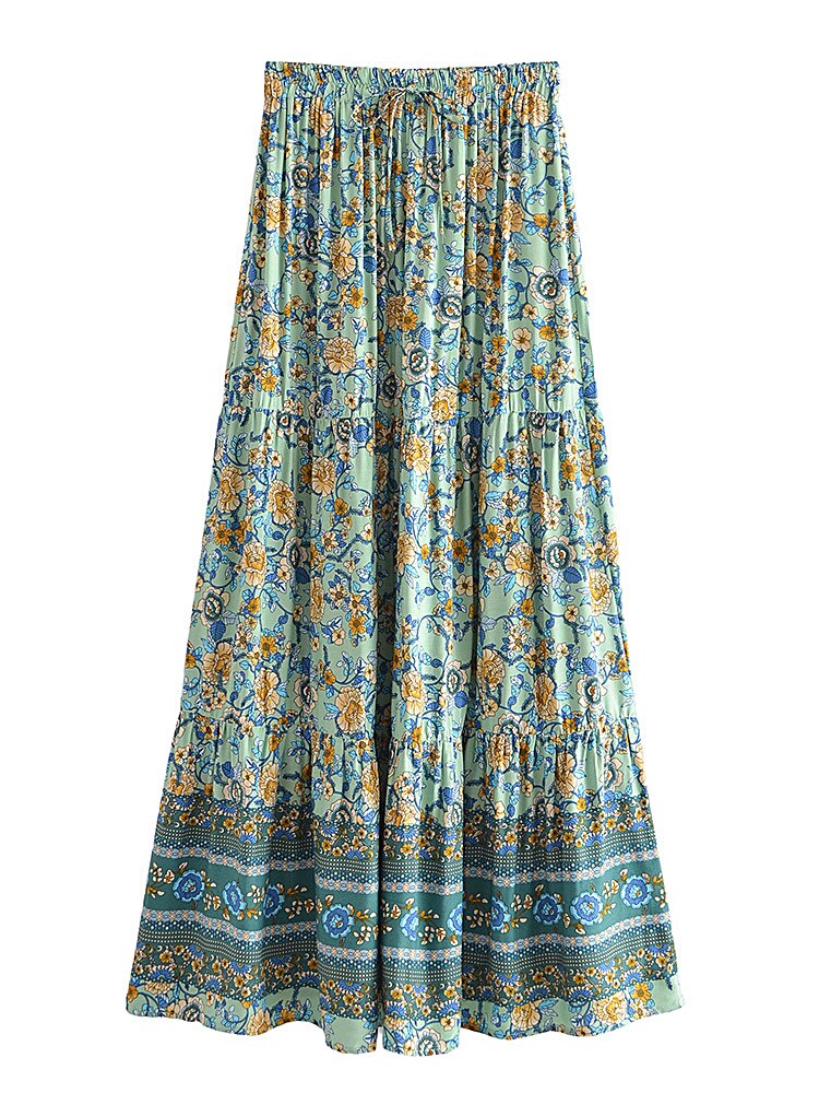 Beach Bohemian Floral Print , High Elastic Waist ,Boho Maxi Skirts