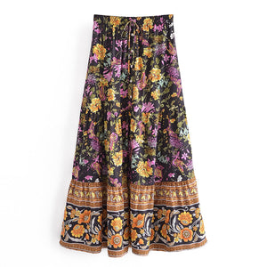 Black Floral Print,Bohemian Maxi Skirts,Beach Pleated Skirt