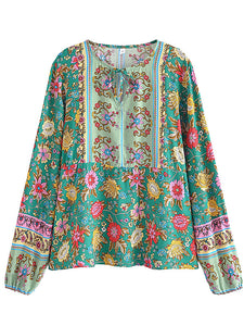 Green Floral Print,Bohemian Blouse Shirts ,Boho Tops