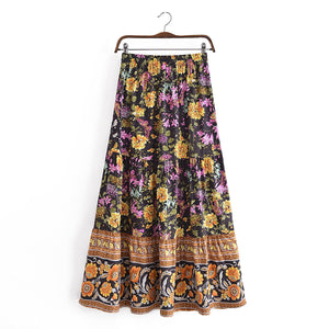 Black Floral Print,Bohemian Maxi Skirts,Beach Pleated Skirt